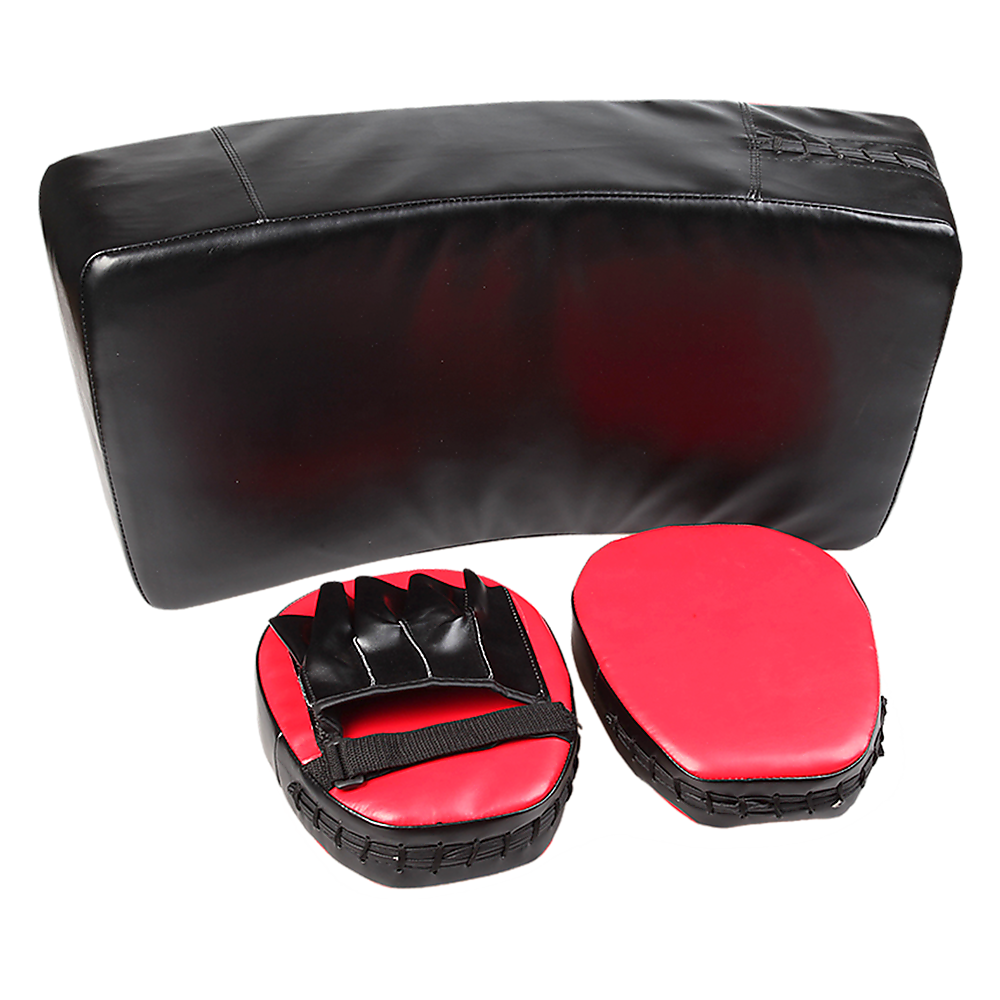Kickboxing shield and punching pad combo for sparring training, featuring padded strike surfaces and adjustable straps.