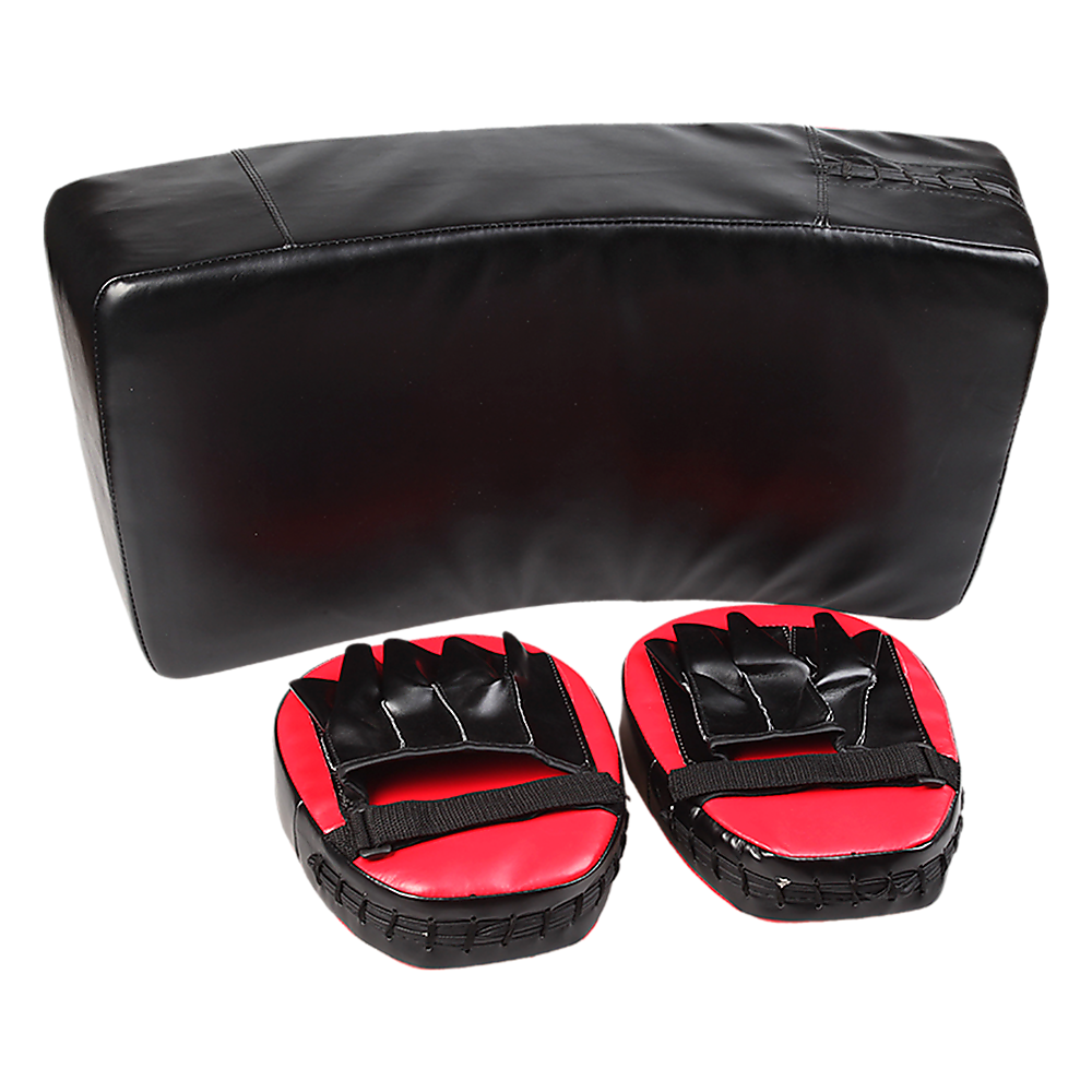 Kickboxing shield and punching pad combo for sparring training, used in boxing and martial arts fitness workouts.