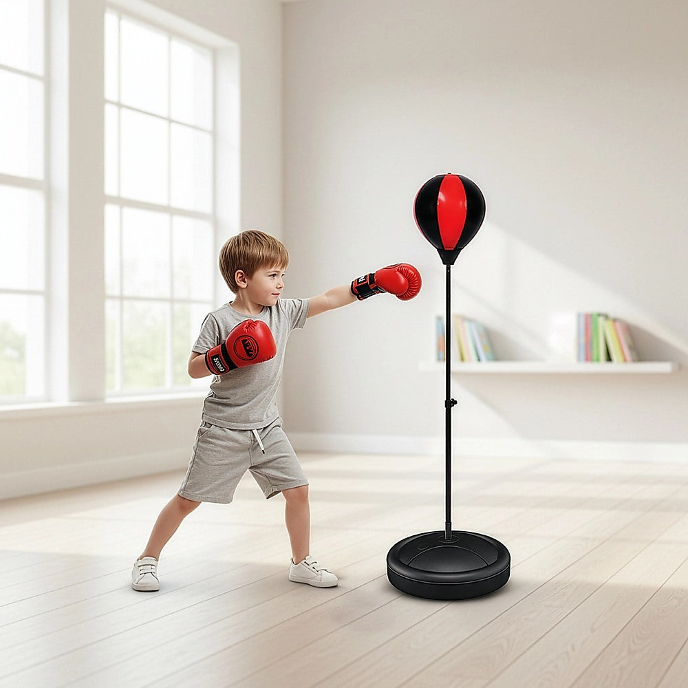 Kids boxing punching bag set with training gloves and fitness stand, designed for children’s boxing and martial arts practice.