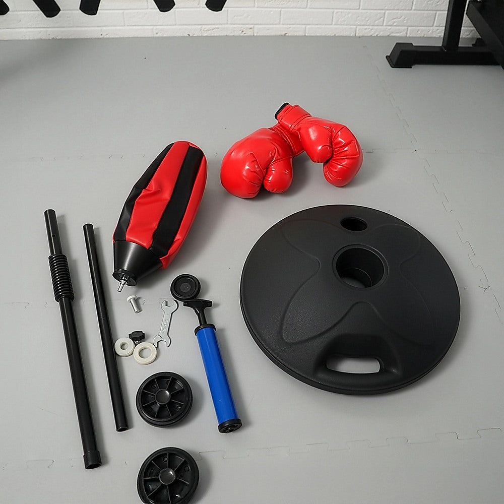 Kids boxing punching bag set with training gloves and fitness stand, designed for children's boxing and martial arts practice.