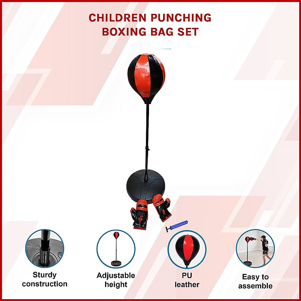 Kids boxing punching bag set with training gloves and fitness stand, designed for children's boxing and martial arts training.