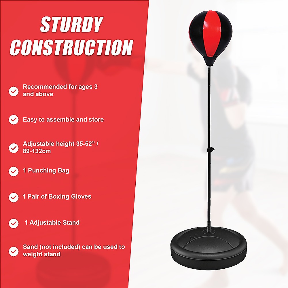 Kids boxing punching bag set with training gloves and fitness stand, designed for children's boxing and martial arts training.