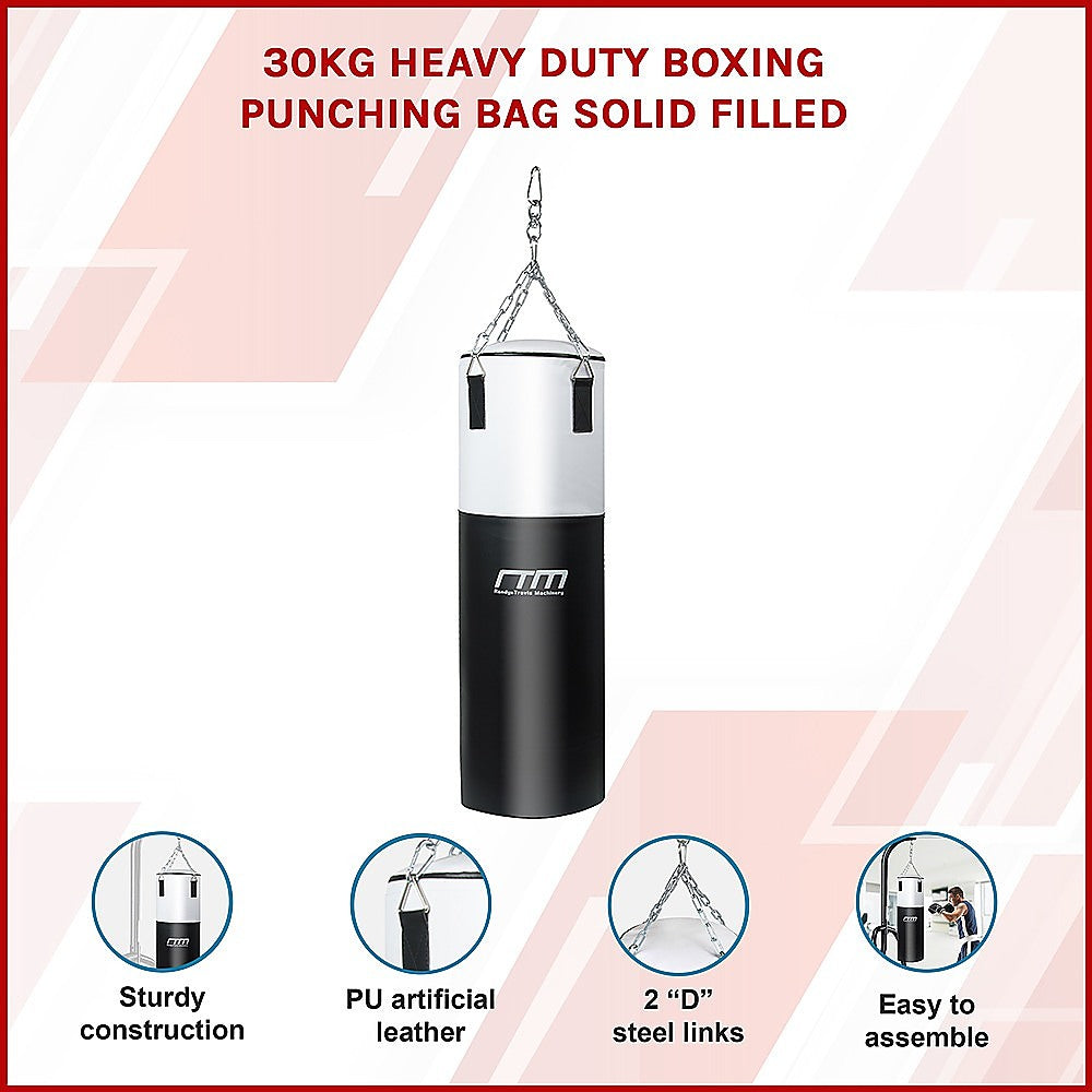 Heavy duty 30kg boxing punching bag from Online Fitness Depot, solidly filled for boxing and martial arts training.