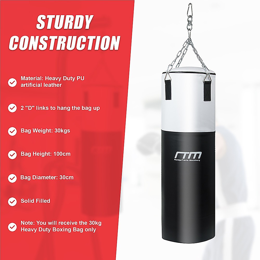 Heavy duty 30kg boxing punching bag filled with solid material, designed for martial arts and fitness training.