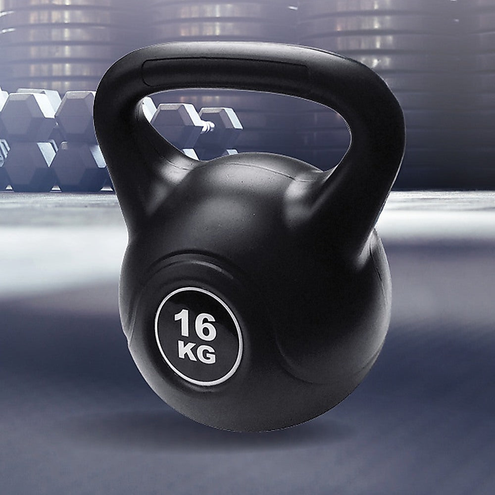 16kg concrete kettlebell from Online Fitness Depot for strength training, shown on a gym floor with a textured surface.