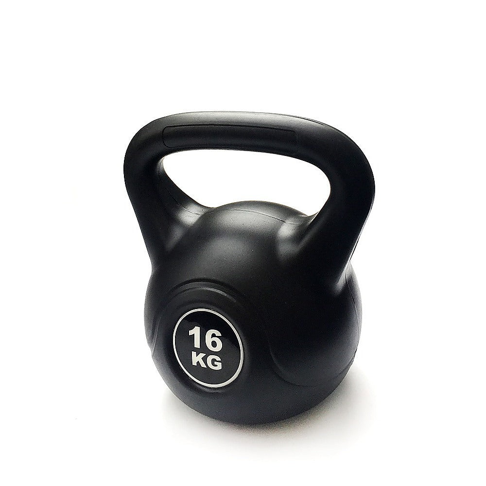 16kg concrete kettlebell for strength training, showing a textured black weight used for home gym workouts by Online Fitness Depot.