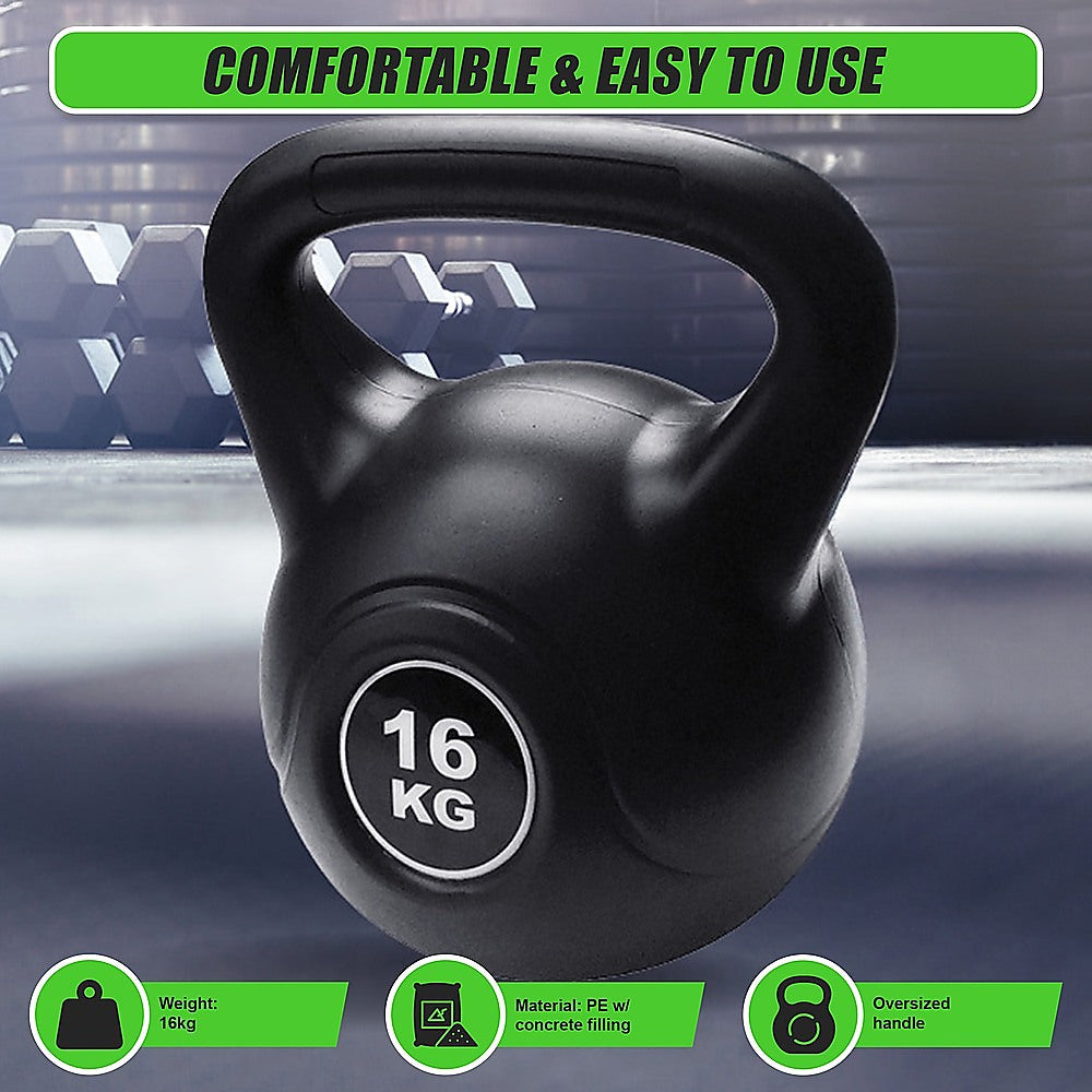 16kg concrete kettlebell for strength training, displayed on a gym floor, ideal for home fitness and weightlifting exercises.