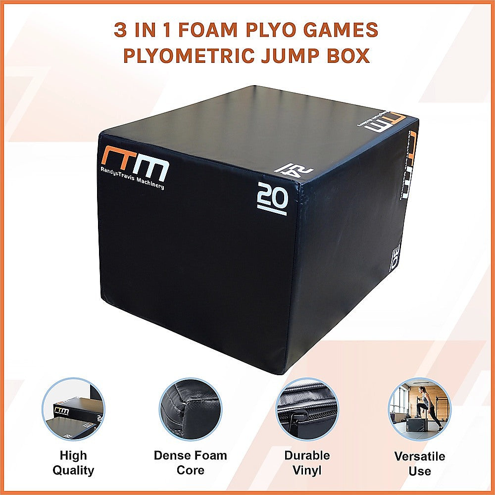 Online Fitness Depot 3-in-1 foam plyo jump box for exercise, gym, and fitness workouts, with adjustable height and padded surface.