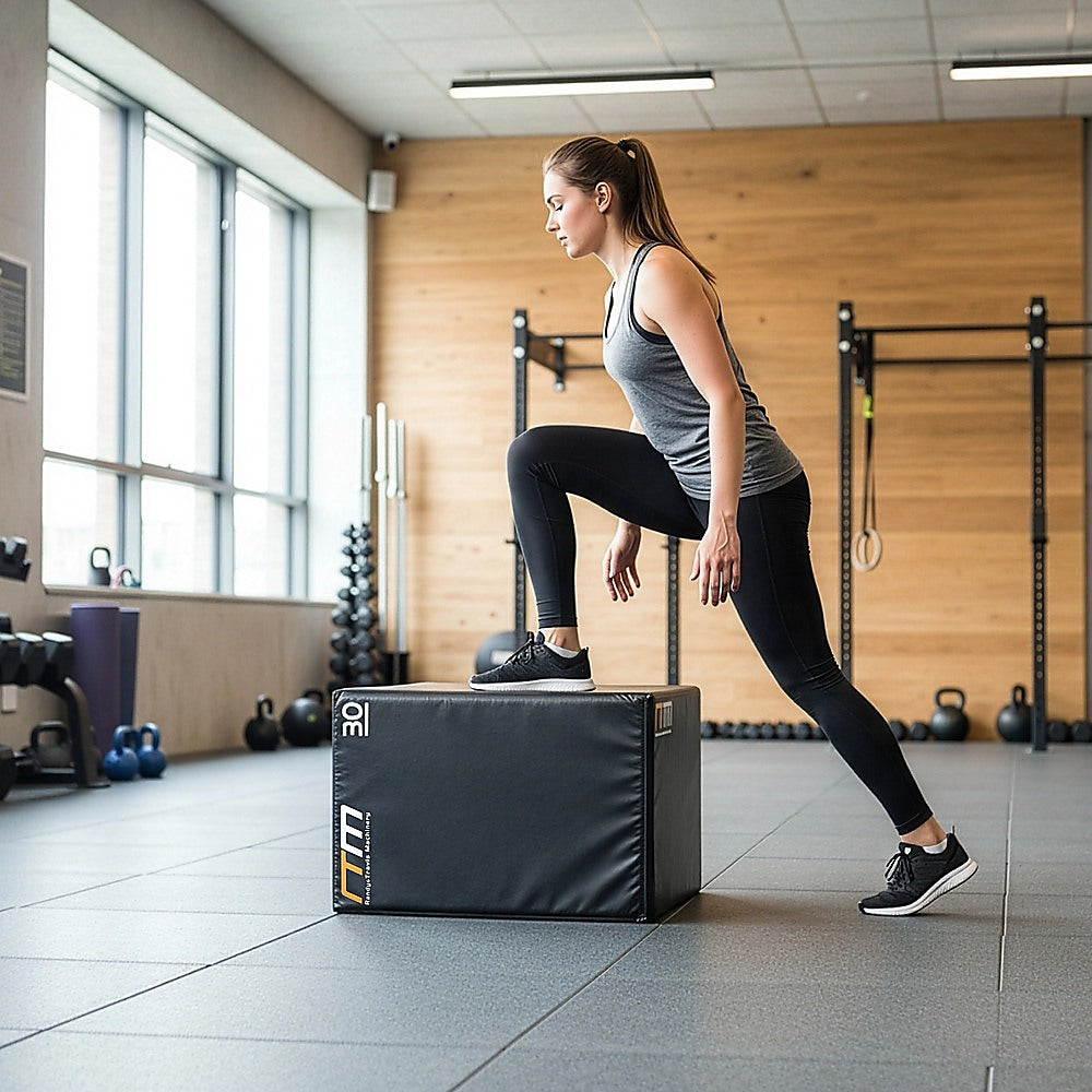 Online Fitness Depot 3-in-1 foam plyo jump box for exercise and gym workouts, featuring adjustable height and sturdy construction.