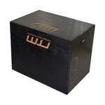 Black 3-in-1 plyometric jump box by Online Fitness Depot for exercise and gym workouts, made of durable wood ply for fitness training.