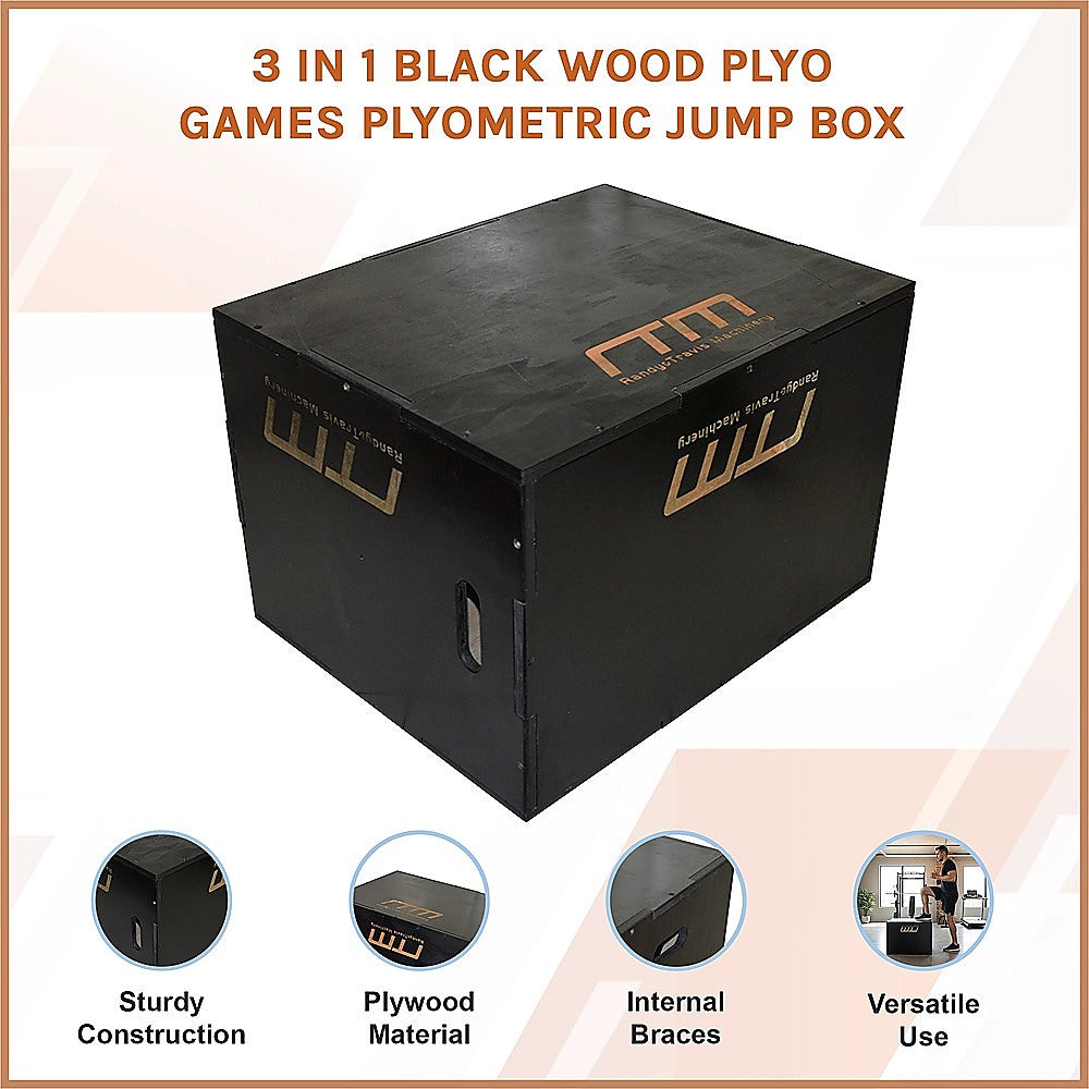 Black 3-in-1 plyometric jump box from Online Fitness Depot for exercise and gym training, made of sturdy wood for plyo workouts.