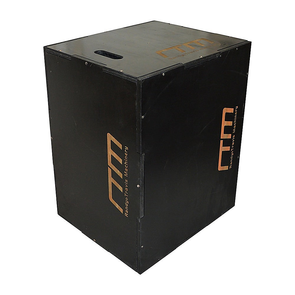 Black 3-in-1 wood plyo jump box for exercise and fitness, featuring multiple height options for plyometric training.