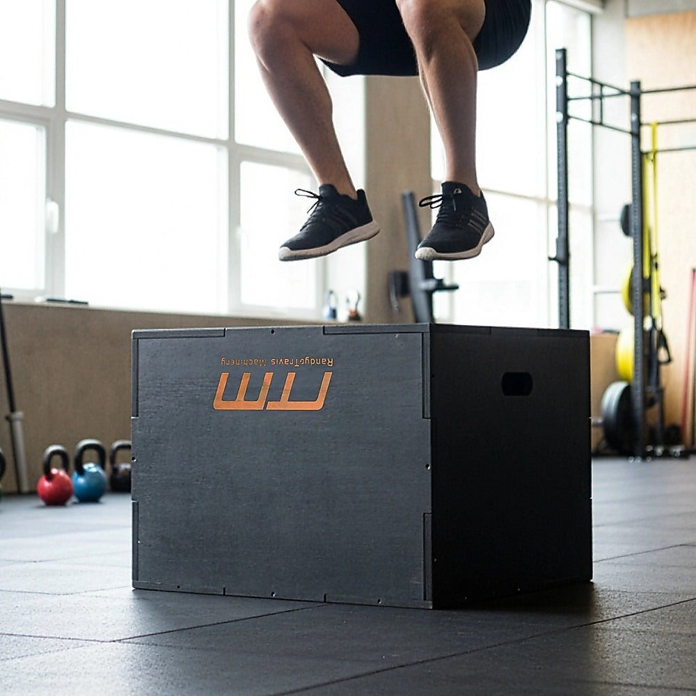 Black 3-in-1 plyometric jump box by Online Fitness Depot, made of wood for versatile plyo exercises and fitness training.