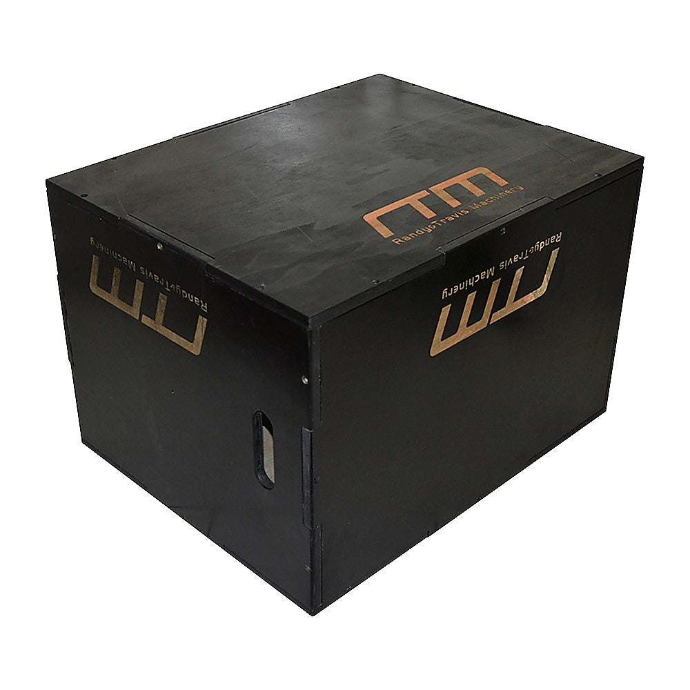 Black 3-in-1 plyometric jump box by Online Fitness Depot for plyo exercises and fitness training, made of sturdy wood.