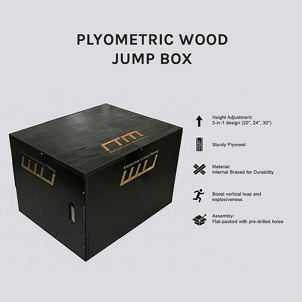 Black wood plyometric jump box for exercise and fitness, featuring 3-in-1 design for versatile plyo workouts.