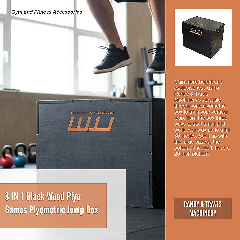 Black 3-in-1 plyometric jump box from Online Fitness Depot with wooden plyo platform for versatile exercise and jump training.