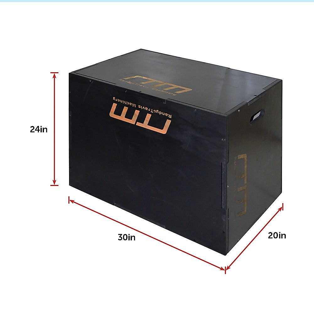 Black 3-in-1 wood plyo jump box for plyometric exercises, produced by Online Fitness Depot, used for strength and agility training.