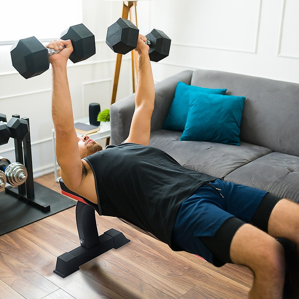 Commercial flat weight lifting bench from Online Fitness Depot, sturdy gym equipment for strength training and fitness workouts.