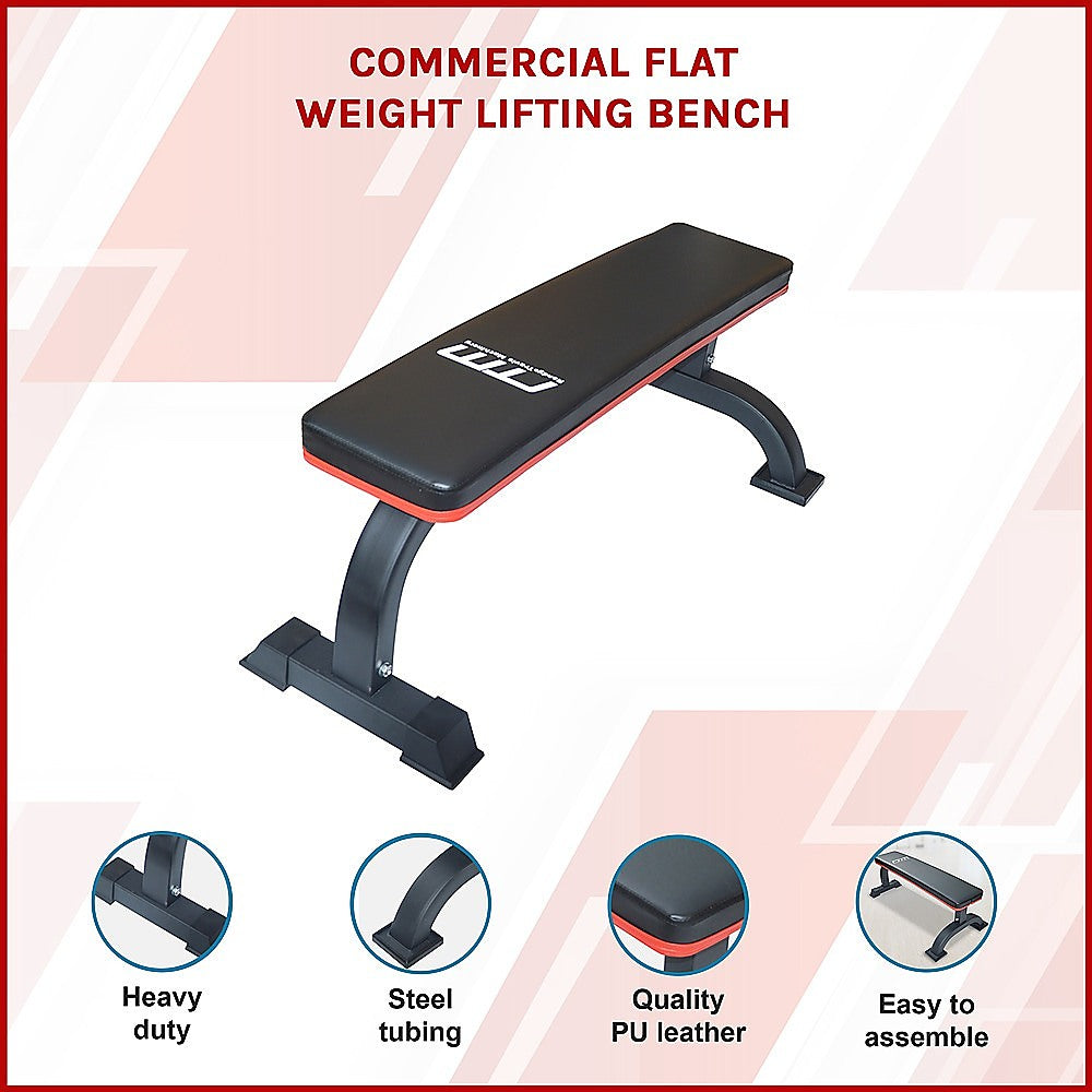 Commercial flat weight lifting bench from Online Fitness Depot, with padded surface and sturdy metal frame for gym workouts.