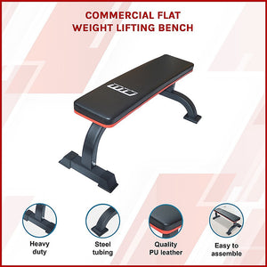 Commercial flat weight lifting bench from Online Fitness Depot, with padded surface and sturdy metal frame for gym workouts.