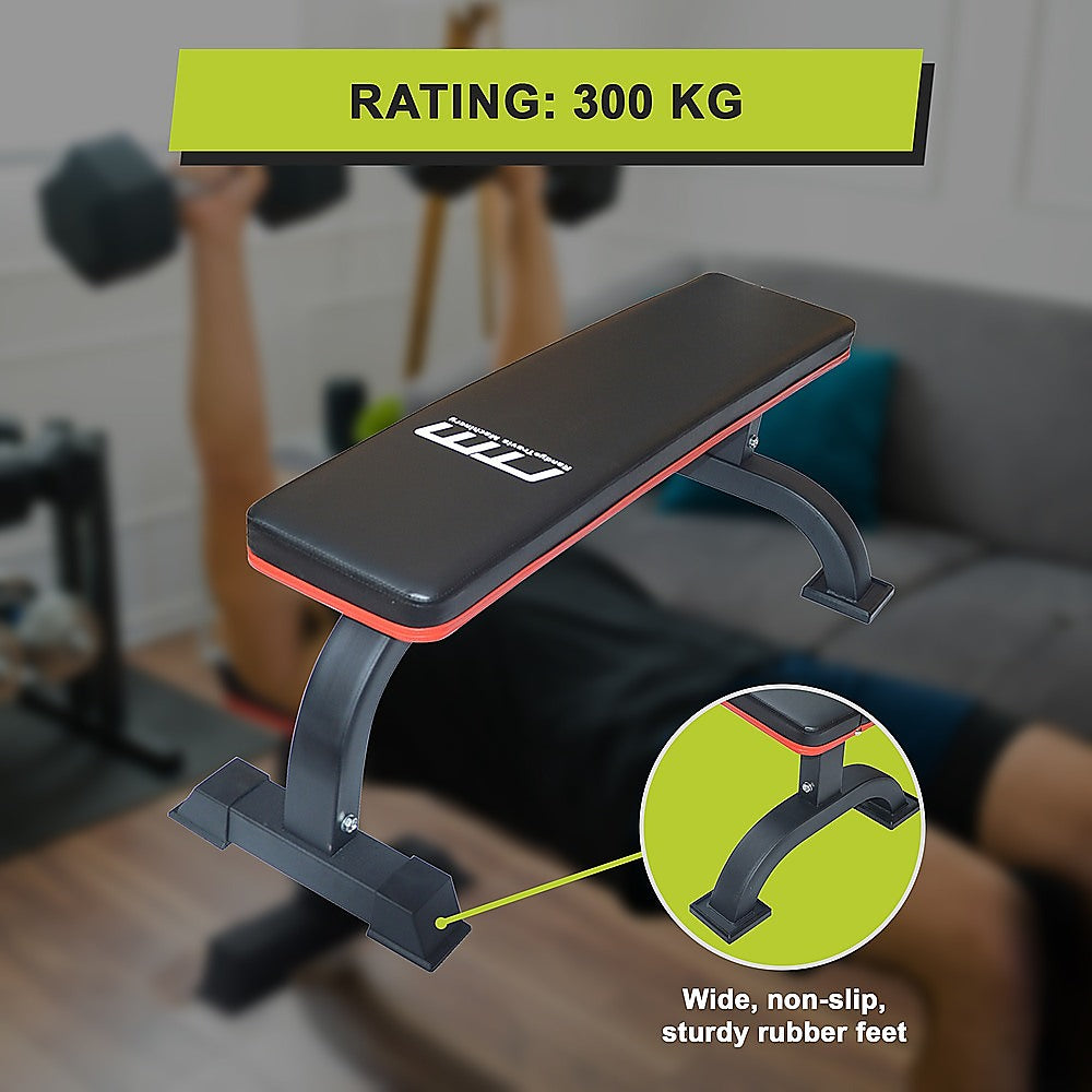 Commercial flat weight lifting bench from Online Fitness Depot, featuring a sturdy padded surface for strength training exercises.