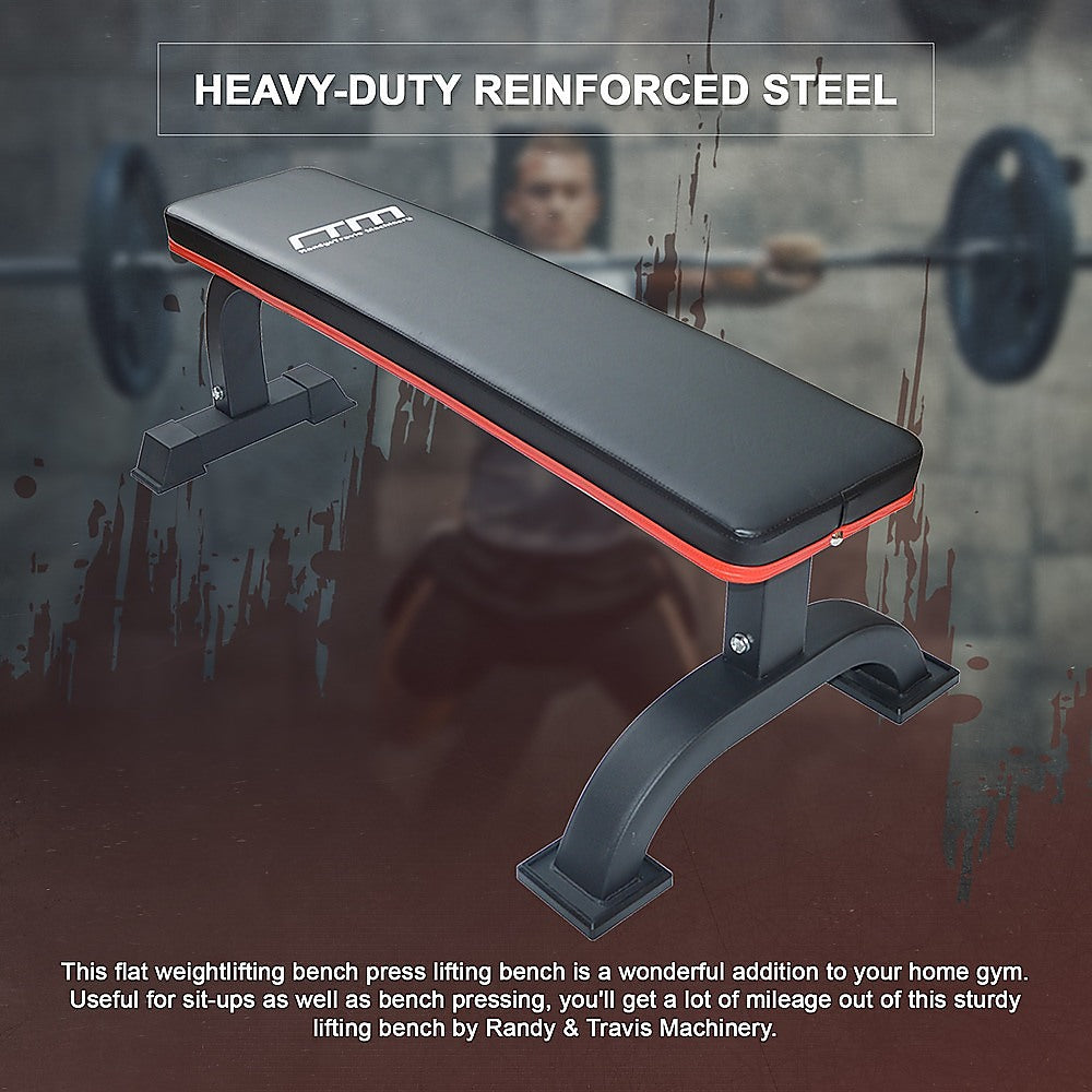 Commercial flat weight lifting bench from Online Fitness Depot, sturdy gym equipment for strength training workouts.