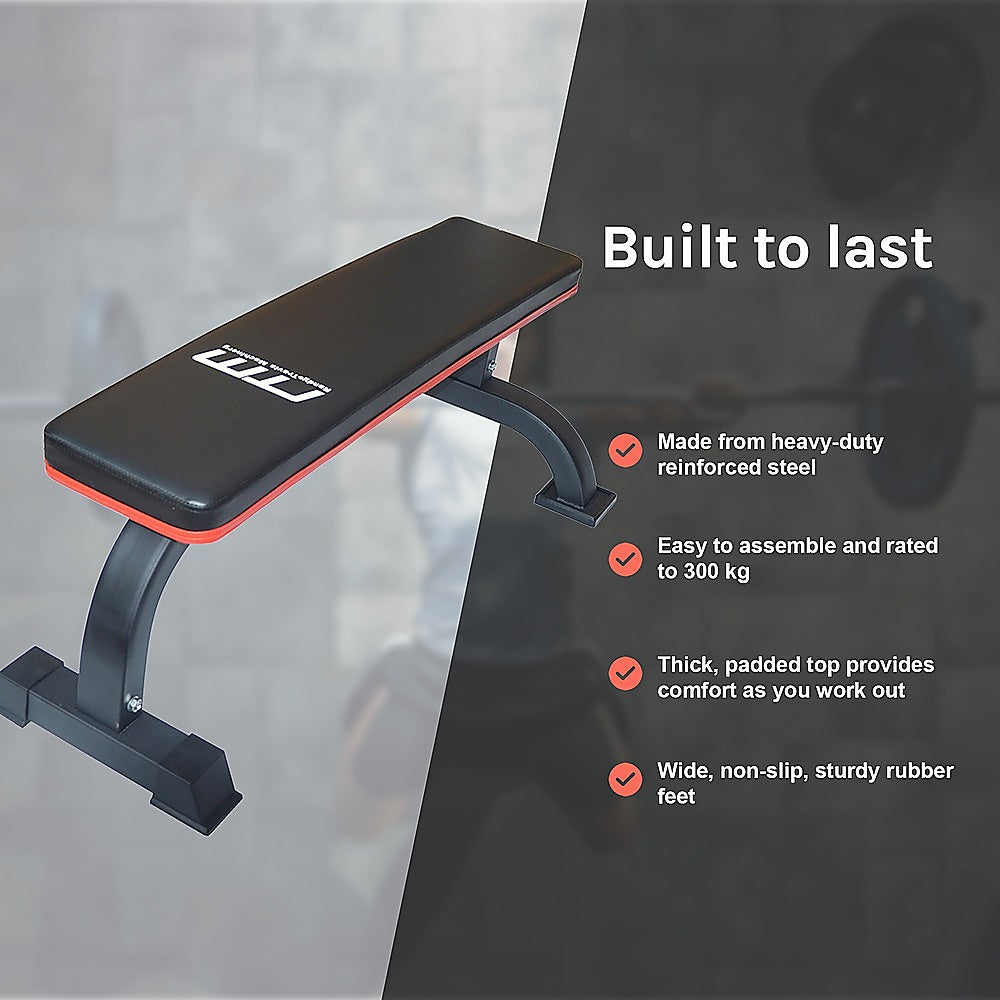 Commercial flat weight lifting bench from Online Fitness Depot, sturdy gym equipment for strength training workouts.