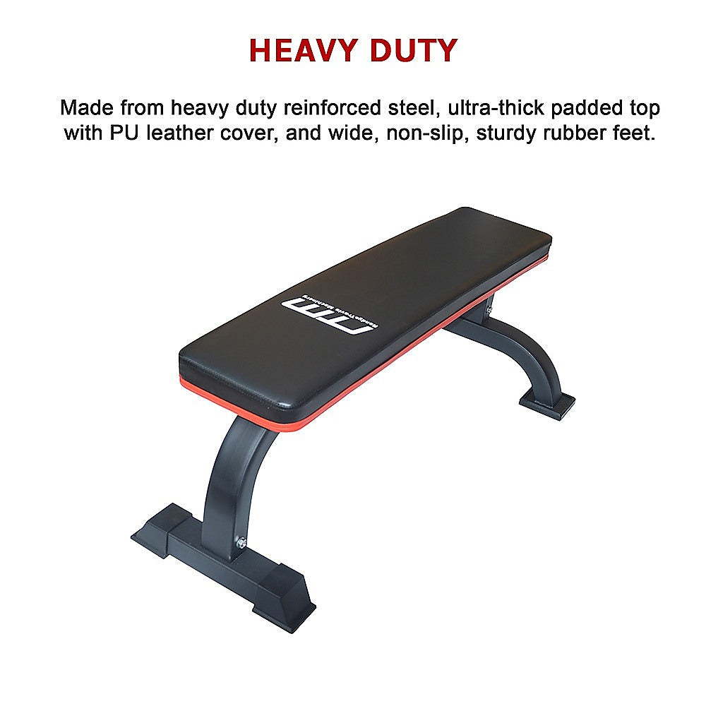 Commercial flat weight lifting bench by Online Fitness Depot, sturdy gym equipment for strength training and fitness workouts.
