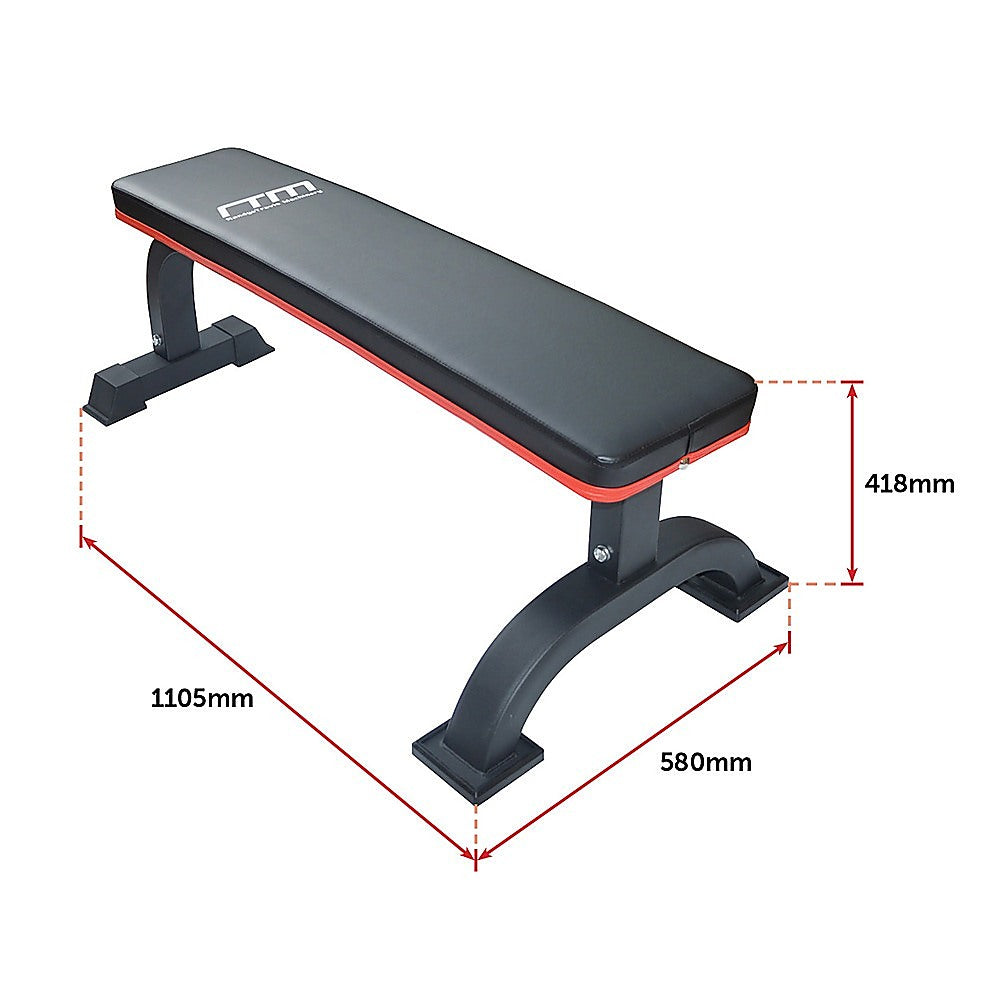 Commercial flat weight lifting bench from Online Fitness Depot, sturdy gym equipment for strength training and exercise routines.