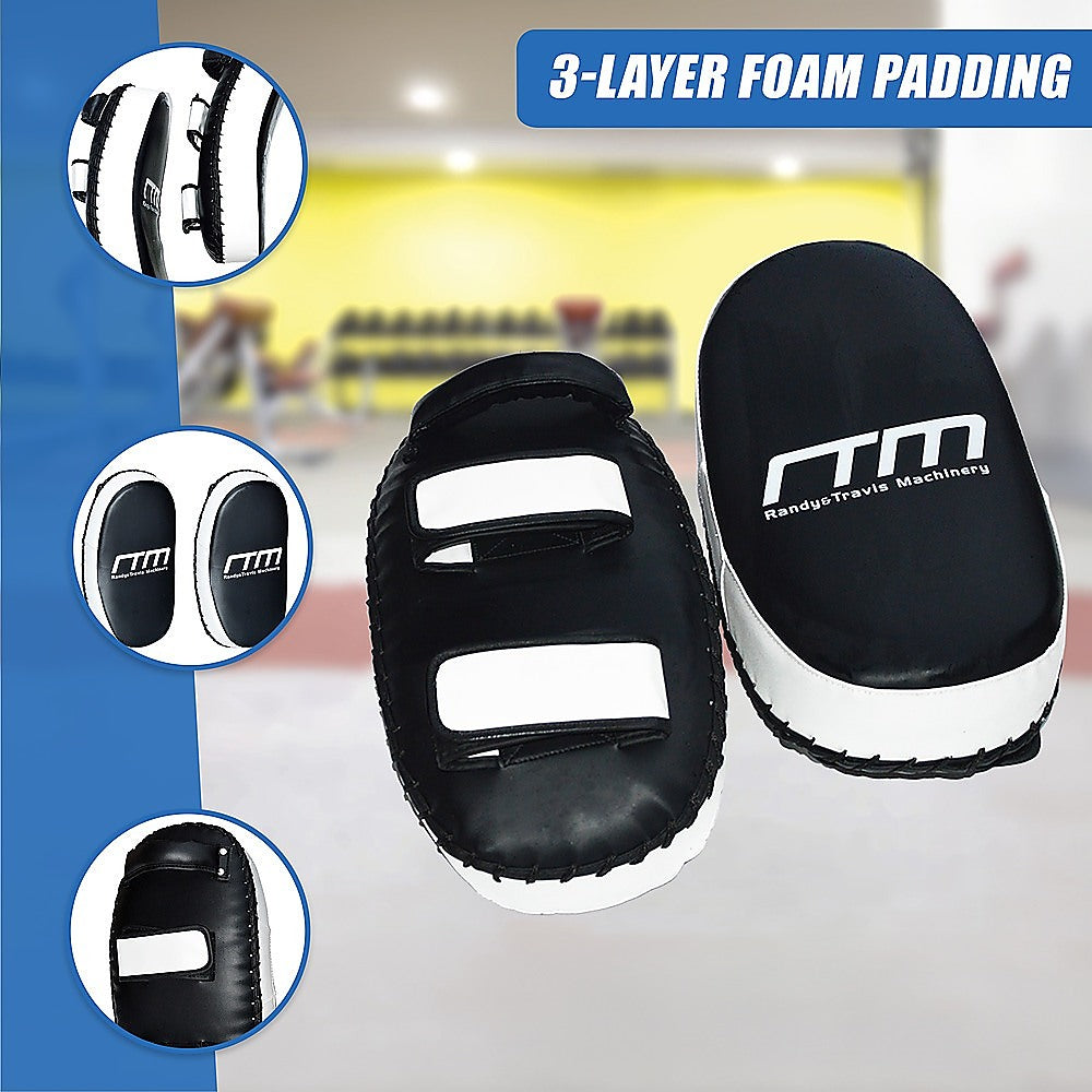 Curved MMA kick boxing pads and Muay Thai strike shield for boxing and martial arts training, used in fitness and gym workouts.