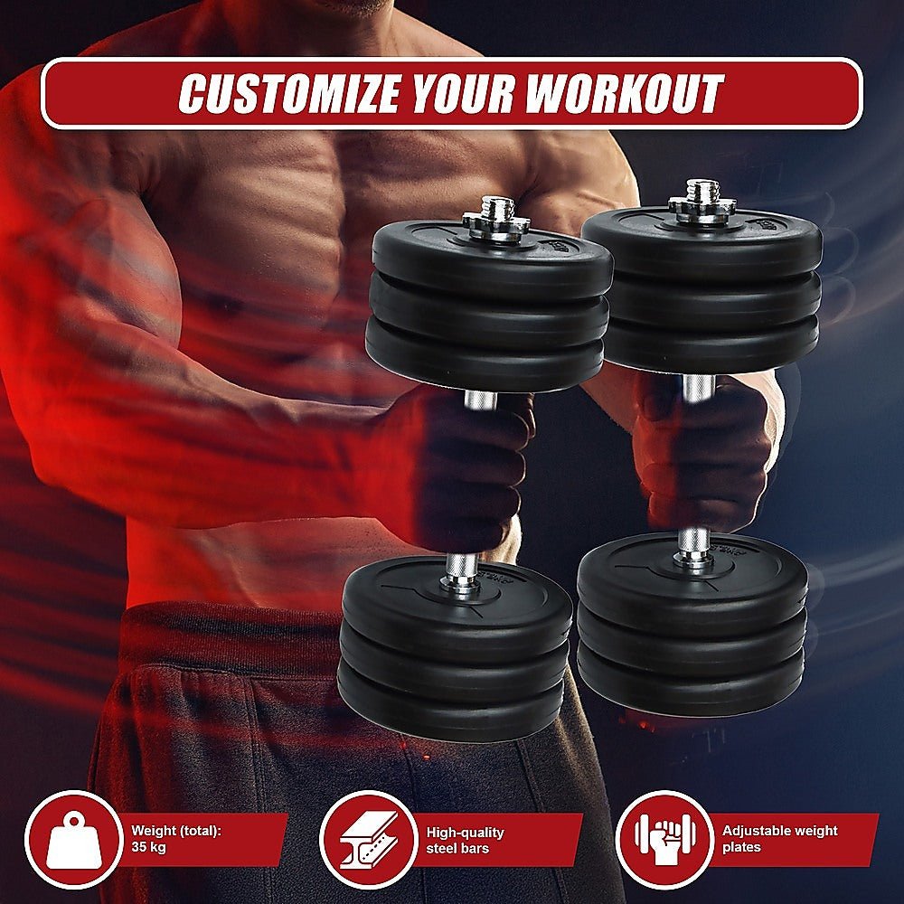 Adjustable 35kg dumbbell set from Online Fitness Depot with black and silver weight plates and grip handles for strength training.