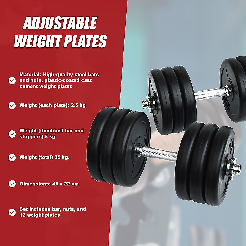 Adjustable 35kg dumbbell set from Online Fitness Depot with weight plates and handle for strength training and home gym workouts.