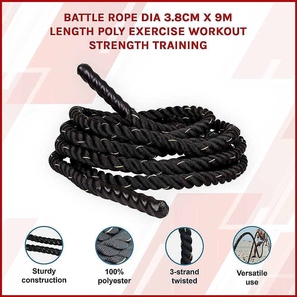 Polypropylene battle rope, 3.8cm diameter, 9m length for strength training, from Online Fitness Depot.