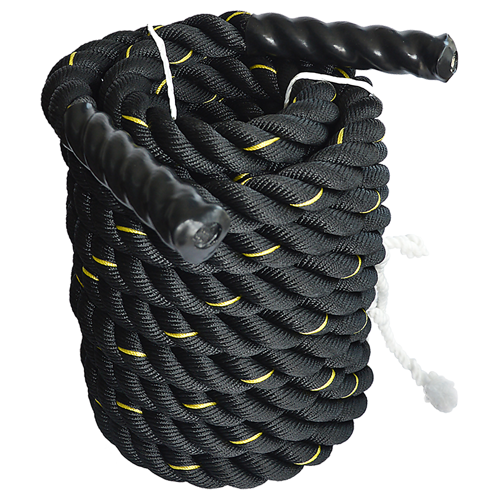 Heavy-duty 3.8cm diameter, 9m length poly battle rope for strength training and workout exercises in fitness gyms.