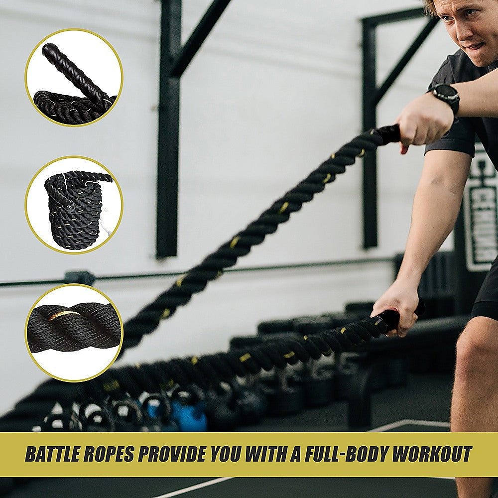 Polypropylene battle rope, 3.8cm diameter, 9m length, for strength training and workout exercises in gym and fitness routines.