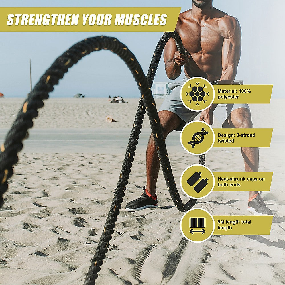 Polyester battle rope, 3.8cm diameter, 9m length, for strength training and workout exercises in gym and fitness routines.