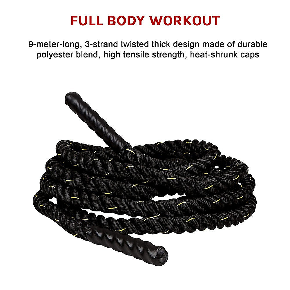 Polypropylene battle rope by Online Fitness Depot, 3.8cm diameter and 9m length for strength training and workout exercises.