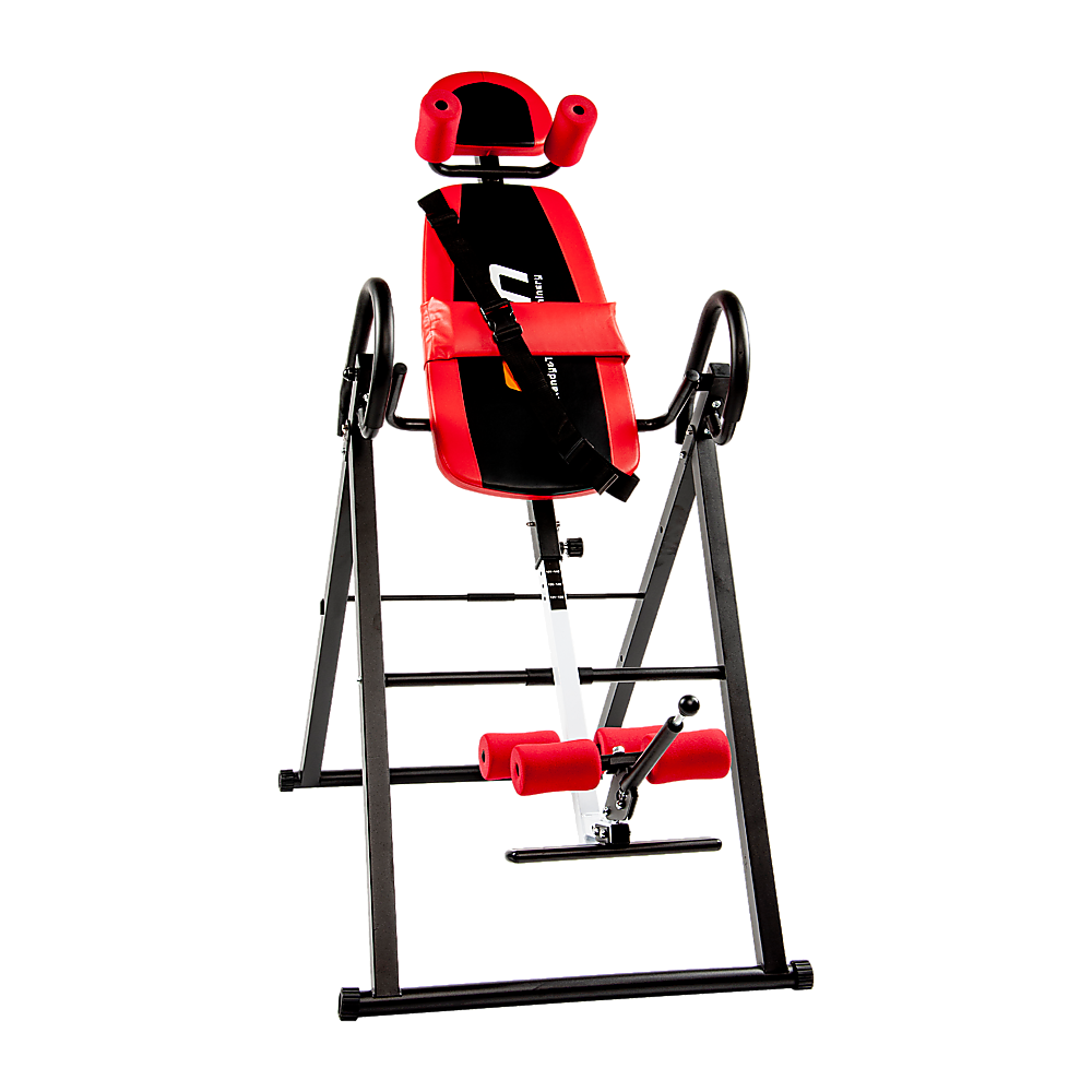 Foldable inversion table by Online Fitness Depot for home fitness, featuring adjustable straps and padded head support.