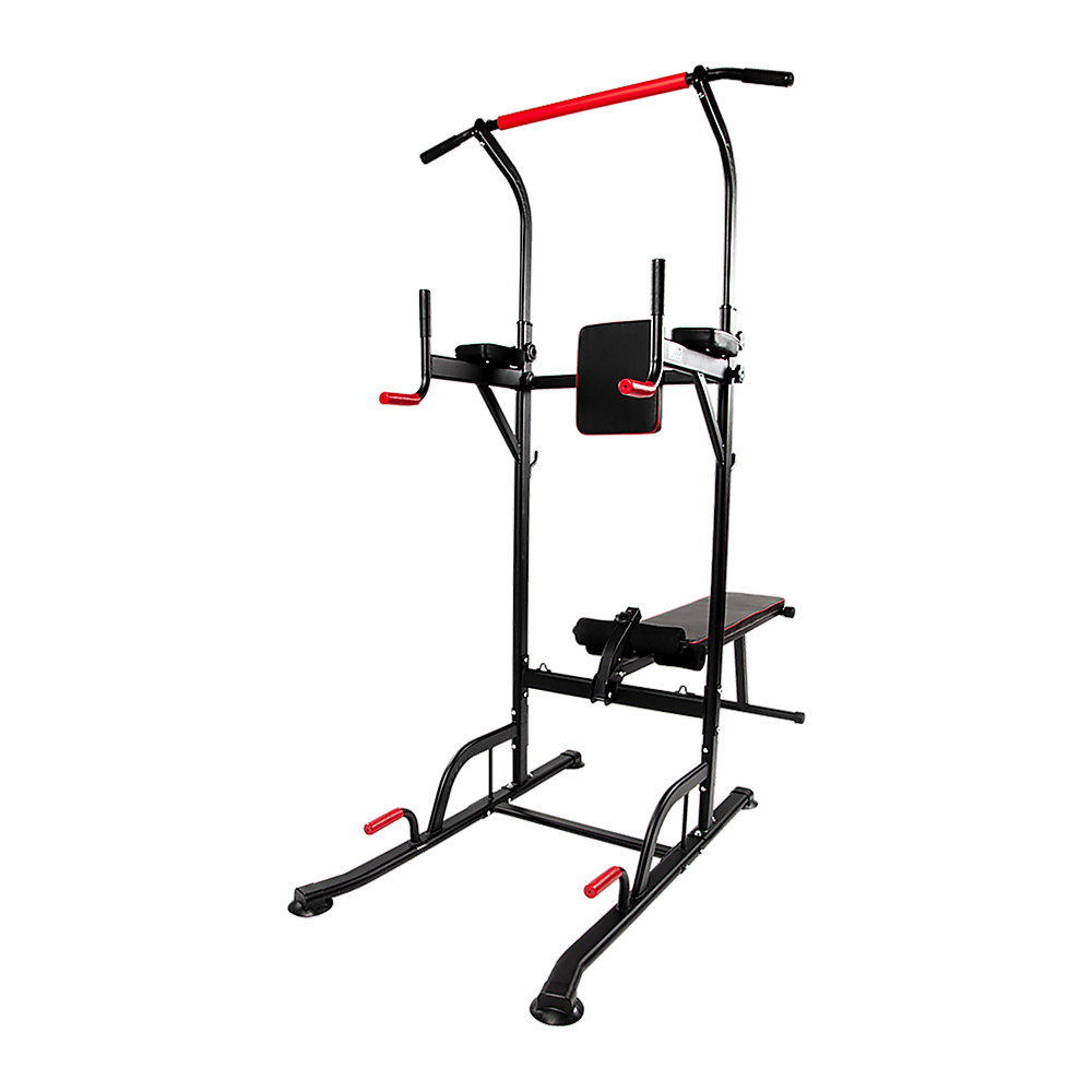 Online Fitness Depot Power Tower with pull-up bar, dip station, and weight bench for home gym workout and strength training.