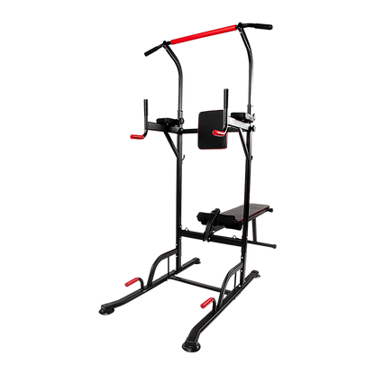 Online Fitness Depot Power Tower with pull-up bar, dip station, and weight bench for home gym workout and strength training.