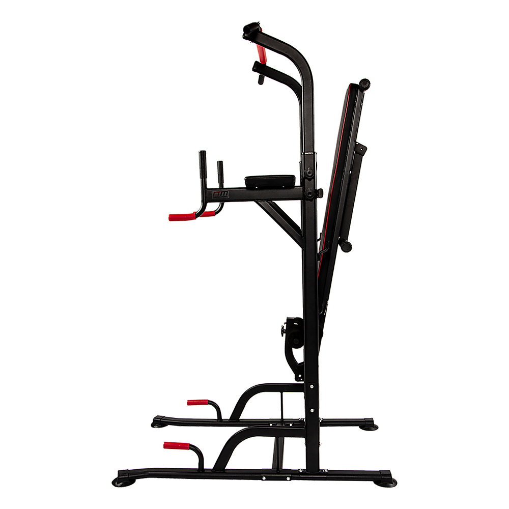 Power Tower home gym equipment with pull-up bar, dip station, weight bench, and multi-station fitness setup from Online Fitness Depot.
