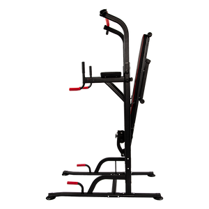 Power Tower home gym equipment with pull-up bar, dip station, weight bench, and multi-station fitness setup from Online Fitness Depot.