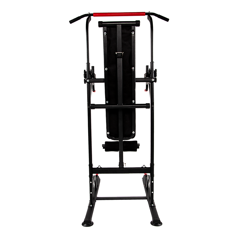 Power Tower home gym equipment with pull-up bar, dip station, and weight bench for strength training and fitness workouts.