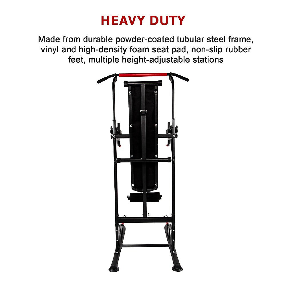 Power Tower pull-up, dip station, and weight bench for home gym workouts with multiple exercise options.