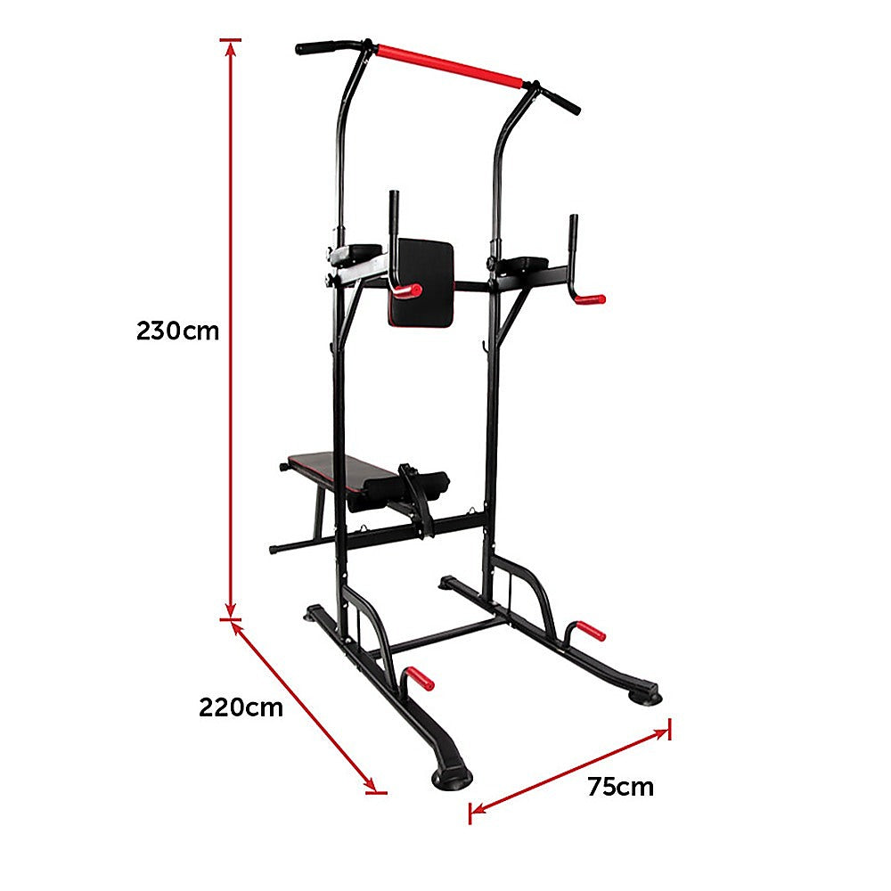 Power Tower multi-station gym equipment with pull-up, dip, and weight bench for home fitness workouts.