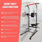 Power Tower home gym equipment with pull-up bar, dip station, weight bench, and multi-station fitness tower for strength training.