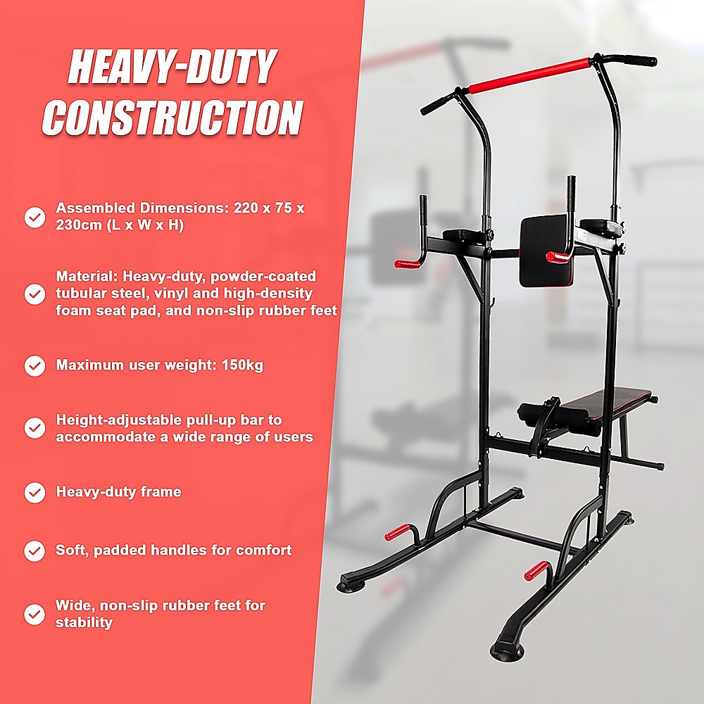 Power Tower home gym equipment with pull-up bar, dip station, weight bench, and multi-station fitness tower for strength training.