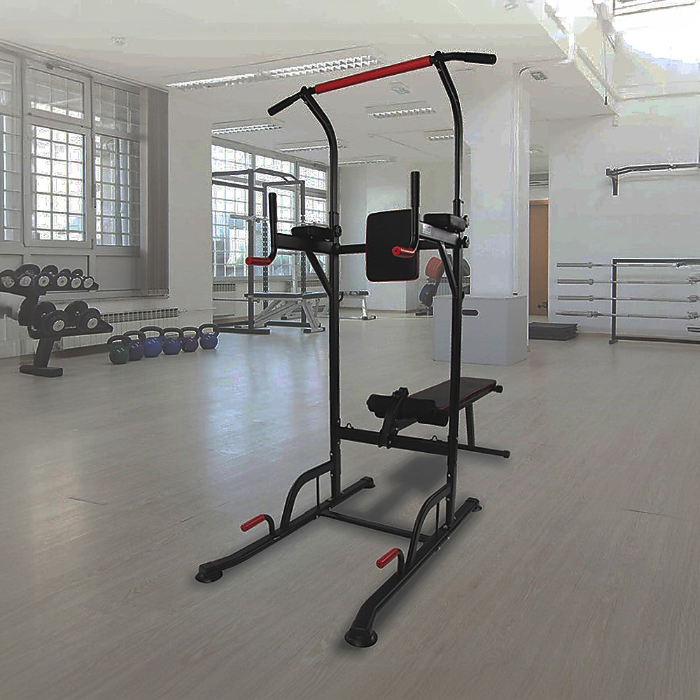 Online Fitness Depot power tower with pull-up bar, weight bench, dip station, and multi-gym features for home fitness workouts