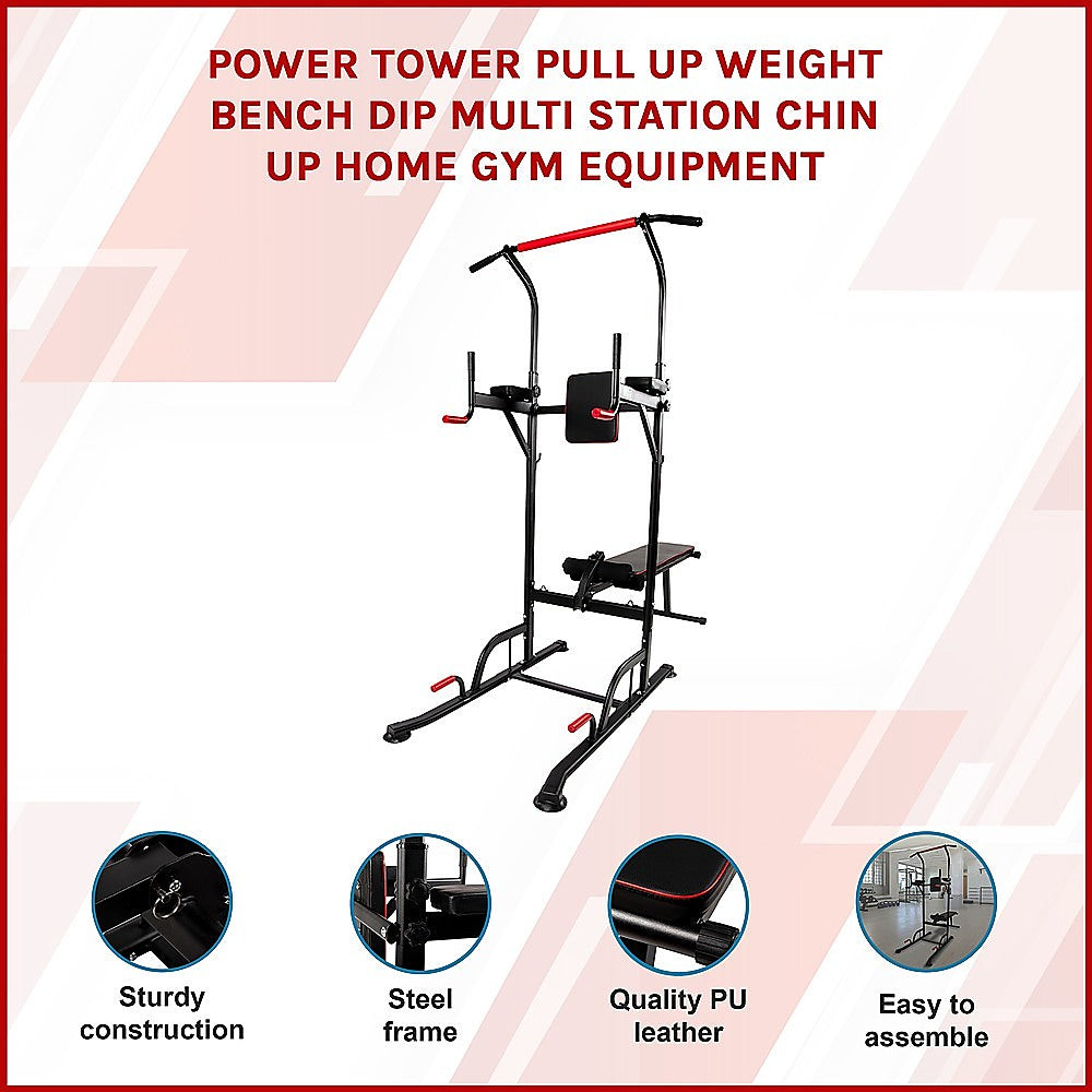 Online Fitness Depot power tower with pull-up bar, dip station, and weight bench for home gym workouts and strength training.