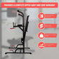 Power Tower multi-station gym equipment with pull-up bar, dip station, weight bench, and chin-up bars for home fitness workouts